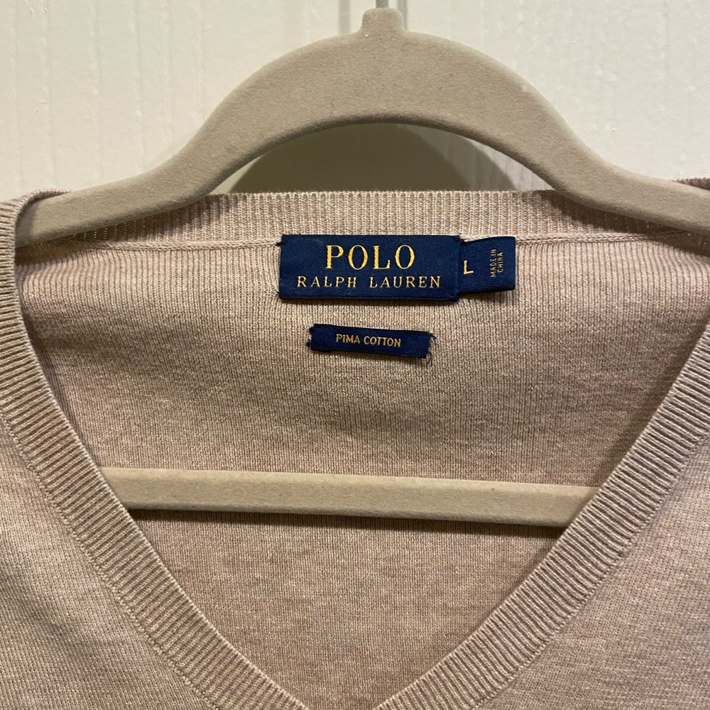 Polo by Ralph Lauren Mens Tan V-Neck Logo Sweater Timeless Knit Size Large - Picture 3 of 4